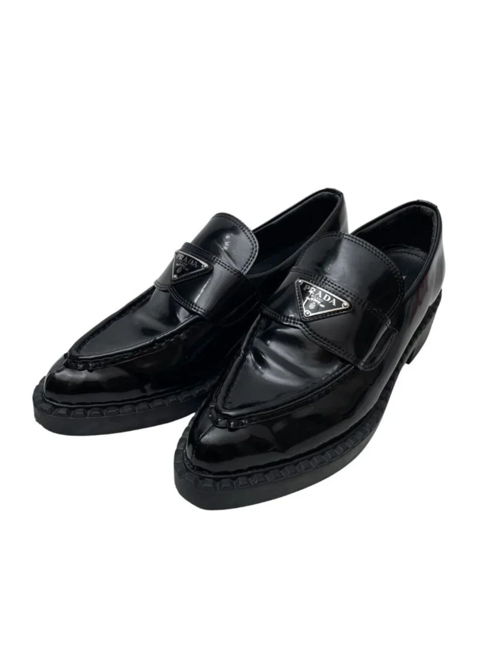 Prada Leather Triangle Plate Logo Loafers Black